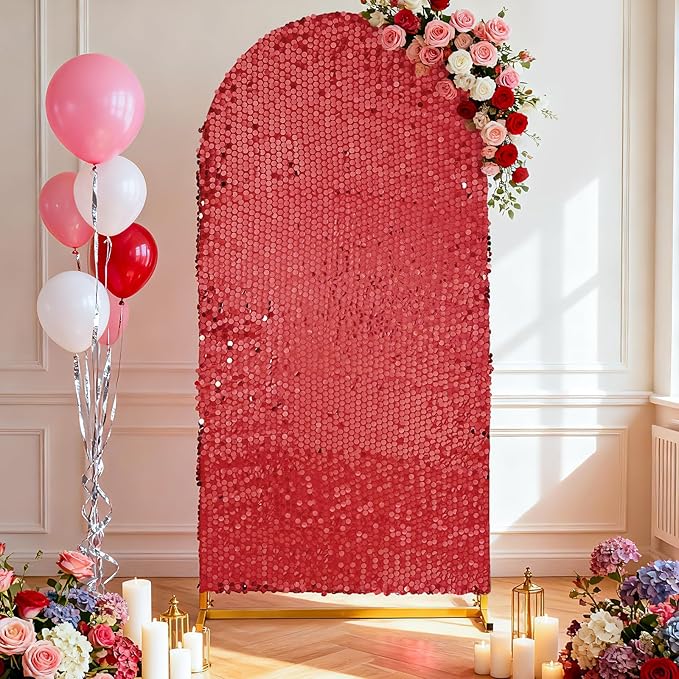 Red Sequin Arch Covers 6.6FT Spandex Fitted Arch Backdrop Cover Wedding Arch Covers for Party Celebration Baby Shower Event Decoration