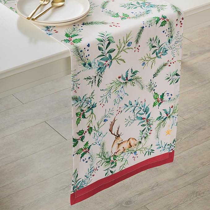 Maison d' Hermine Table Runner 100% Cotton Single Layer Table Runners 108 inches Long for Thanksgiving Christmas Decorations Home Kitchen Dining Party Wedding (Holly Time, 14.5" x 108")