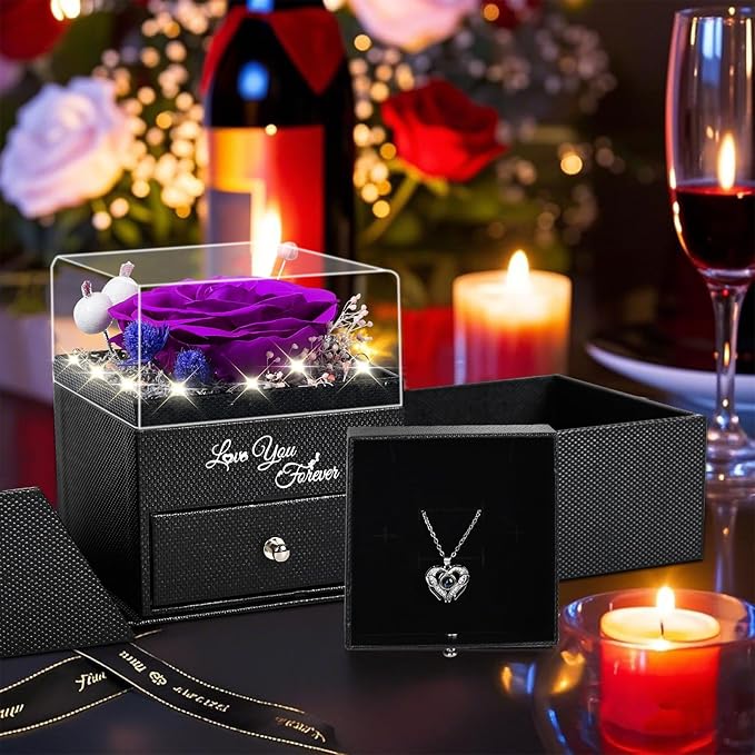 FIACO Gifts for Women Preserved Real Roses with I Love You Necklace Fresh Forever Flowers Birthday Gifts for Mom Grandma Wife Girlfriend on Anniversary Christmas Valentines Romantic Gift