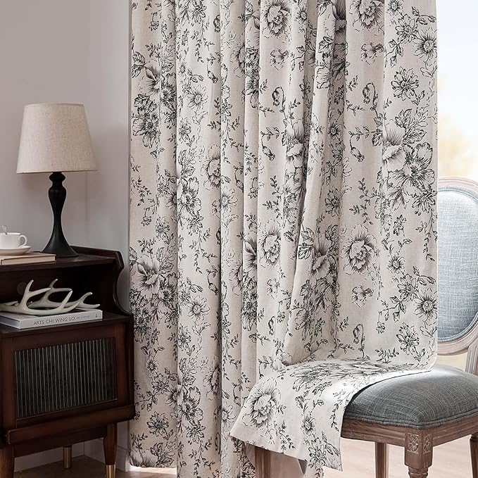 jinchan Blackout Linen Blend Curtain Floral Blackout Curtains for Living Room 90 Inch Length Black Printed with Lined Blackout Curtain for Bedroom Farmhouse Curtains Set 2 Panels