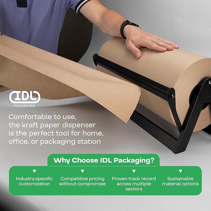 Brown Kraft Paper Jumbo Roll 36" x 14400" (1200 ft) with Dispenser – USA-Made Natural Kraft Paper 30lb Thickness for Packing, Wrapping, Void Filling, Kids' Arts, DIY & School Projects by IDL Packaging