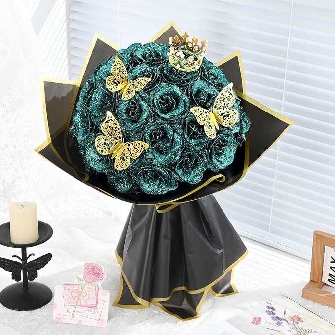 Waipfaru Glitter Roses Bouquet, DIY Fake Flowers Bouquet, Birthday Gifts for Women Mom, 24 Pcs Dark Green Rose for Wife Girlfriend Valentines, Mothers Day, Anniversary, Graduation