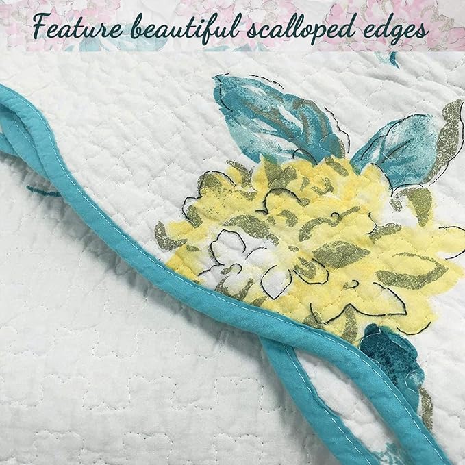 Cozy Line Home Fashions Turquoise Blue Floral Hydrangea Garden Leaf 100% Cotton Reversible Quilt Bedding Set, Coverlet, Bedspread (Valencia Bloom, King - 3 Piece)