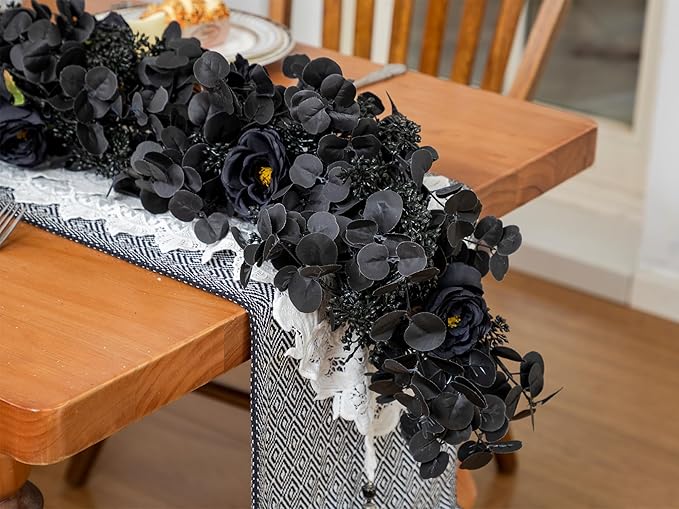 6FT Black Halloween Garland with 10 Black Rose and Berries, Artificial Flower Eucalyptus Garland for Halloween Decorations for Wedding Party Table Decor Indoor Outdoor Backdrop Wall Decor