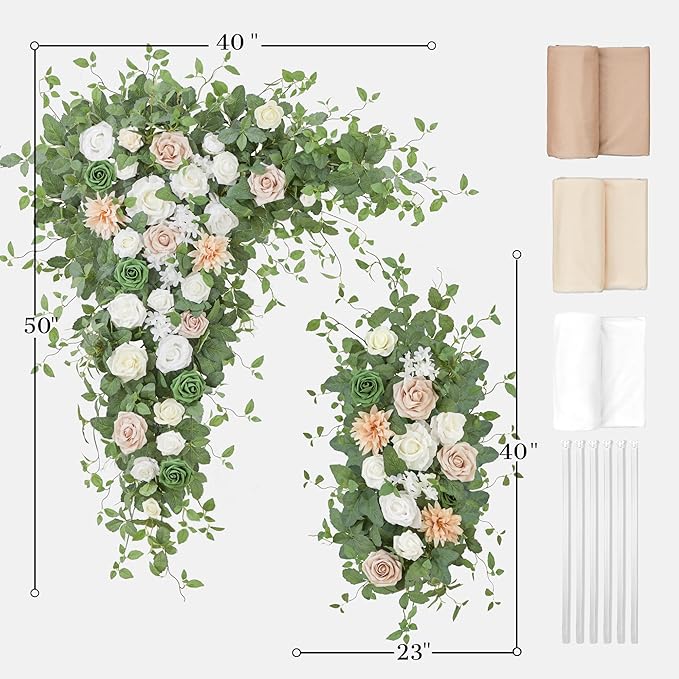 Wedding Arch Flowers with Drapes Kit (Pack of 5) - 2pcs Artificial Champagne Deluxe Swag with 3pcs Hanging Sheer Drapes for Wedding Ceremony Arbor Reception Backdrop Rose Floral Decoration