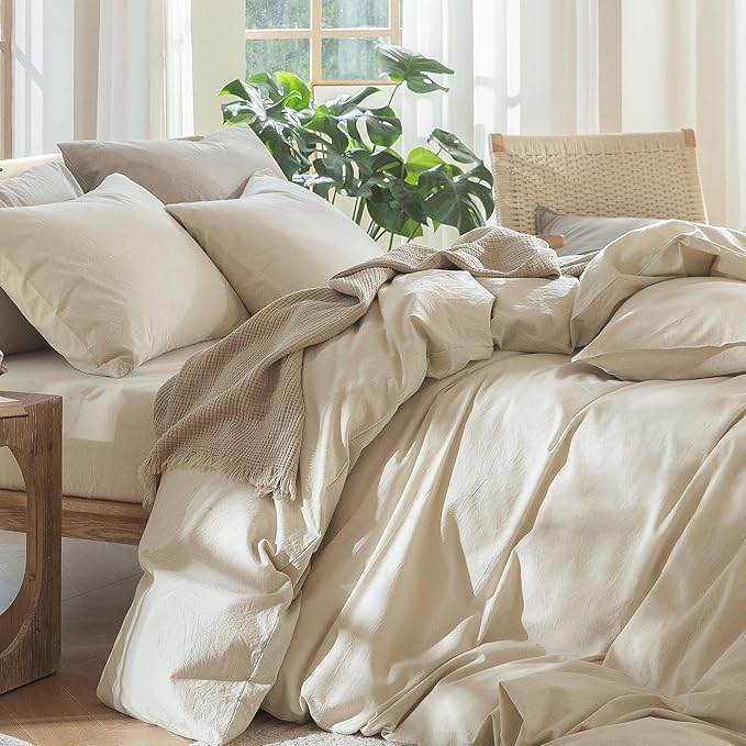 MooMee Bedding Duvet Cover Set 100% Washed Cotton Linen Like Textured Breathable Durable Soft Comfy (Heathered Almond Milk Grey, Palatial King/Oversized King 120"x98")