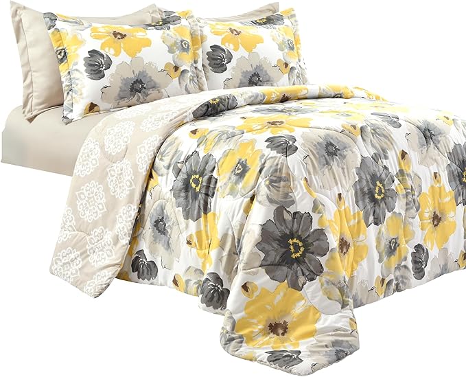Lush Decor Leah Reversible Comforter Set, 6 Piece Set, King, Yellow & Gray- Watercolor Botanical Comforter Queen Size-Farmhouse Florals Bedding Decor