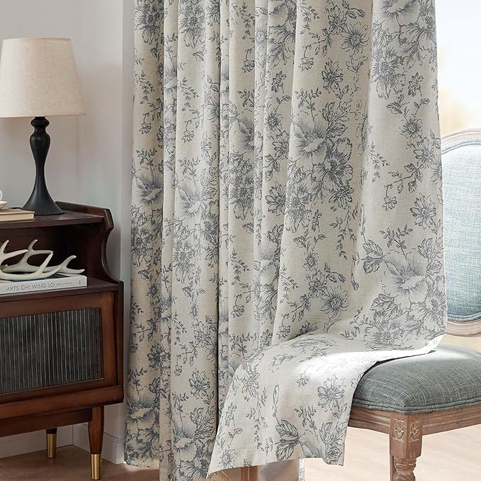jinchan Blackout Linen Blend Curtain Grey Floral Blackout Curtains for Living Room 84 Inch Length Gray Printed with Lined Blackout Curtain for Bedroom Farmhouse Curtains Set 2 Panels