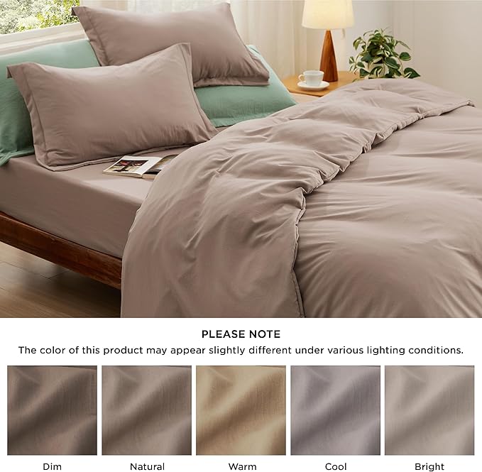 Bedsure Duvet Cover Queen Size with Fitted Sheet - 4 Pieces Prewashed Cotton-Like Extra Soft Bedding Set, Includes 1 Duvet Cover 90x90 Inches with Zipper Closure, 2 Pillow Shams, 1 Fitted Sheet, Khaki