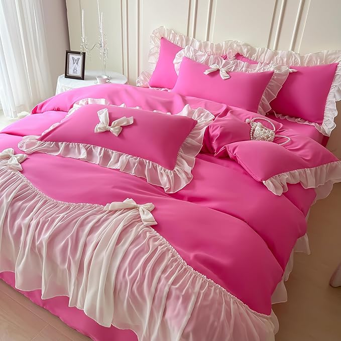 Girls Lace Bedding,Queen Comforter Cover Set, Chic Ruffled Duvet Cover with Lovely Bow,Princess Style 1 Duvet Cover with 1 Pillowcases, No Comforter-Hot Pink,Twin Size