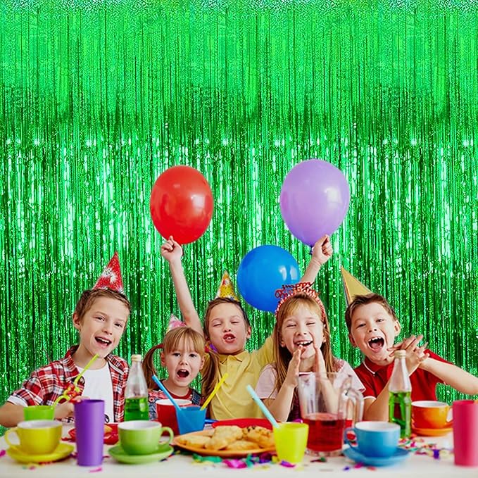 4 Pack Green Tinsel Foil Fringe Curtain Backdrop, 3.28Ft x 8.2Ft Metallic Streamers for Photo Booth Props Wedding Bridal Shower Bachelorette Birthday Carnival Easter Mother’s Day Party Decoration