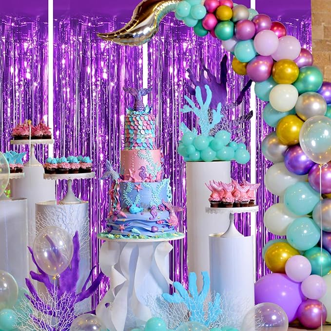 Keyali 4 Pack 3.3 * 8.3 ft Foil Curtain Metallic Tinsel Fringe Curtains Photo Booth Props Backdrop for Birthday Wedding Engagement Baby Shower Christmas Holiday Celebration Partyl,Purple