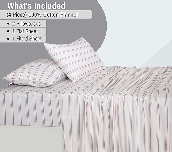 RUVANTI Flannel Sheets Full Size - 100% Cotton Double Brushed Bed Sheets Set, Deep Pockets 16 Inches, All Seasons Breathable & Extra Soft Full Sheets, Warm & Cozy, 4 Piece, Twill Stripe