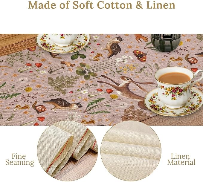 Rustic Forest Table Runner, Farmhouse Pink Woodland Hare Squirrel Owl Flowers Mushroom Print Table Runner for Holiday Kitchen Dinning Table Indoor Outdoor Home Party, 13x70inch