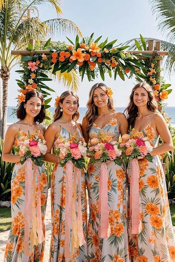 TINGE TIME 7 Inch Artificial Flowers Wedding Bouquets for Bridesmaid, Set of 4, Tropical Bride Tossing Bouquet for Summer Wedding Ceremony Bridal Shower Rehearsal Dinner Vintage Party