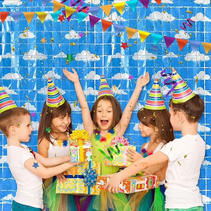 Blue Sky White Clouds Birthday Party Decorations 2 Pack Clouds Foil Fringe Curtains 3.28 x 6.56Ft Cartoon Story Tinsel Streamers Curtain Backdrop Birthday Baby Shower Cloud Theme Photo Booth Backdrop