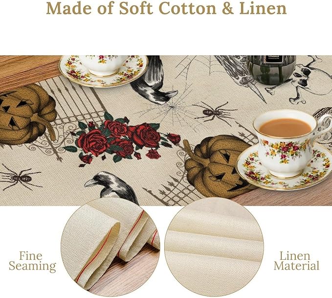 Gothic Floral Table Runner, Retro Dark Skull Crow Vintage Flower Halloween Pumpkin Witchy Coffee Table Center Decor for Home Kitchen Dining Patio Holiday Party Table Decorations 13x72 inches