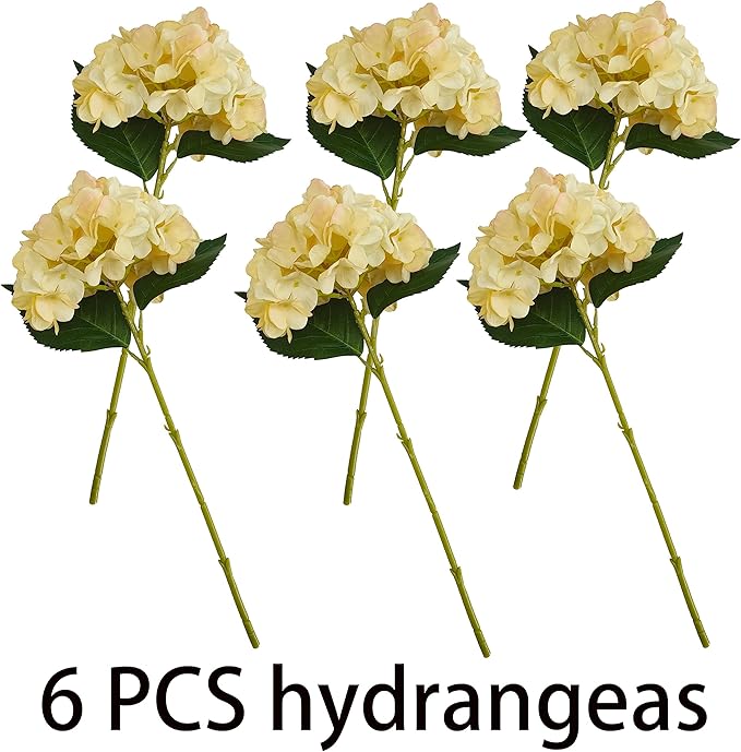 Hydrangea Artificial Flowers,6 Pcs Faux Hydrangea Flowers,Artificial Hydrangeas Flowers with Stems,Fake Hydrangeas,Silk Hydrangeas Flowers with Stems for Home Decor (6, Champagne)