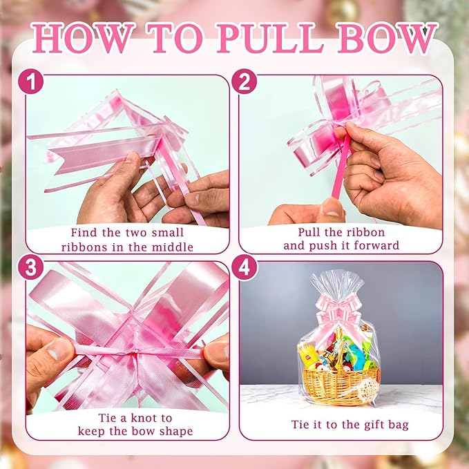 PigPotParty 24"x30" Clear Cellophane Gift Bags with Pink Bows – 10 Pack Large Cellophane Wrap for Gift Baskets, Plastic Gifts Bags for Baby Girl Shower, Birthday Party and Bridal Shower