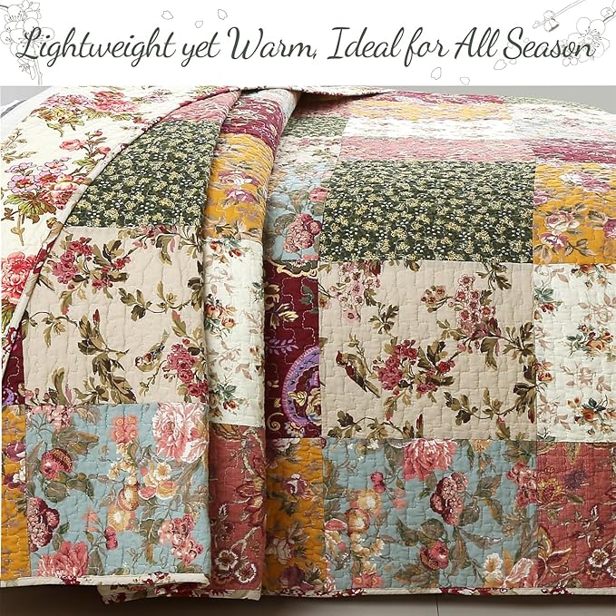 Cozy Line Home Fashions 100% Cotton Authentic Patchwork Quilt Bedding Set, Floral Vintage Antique Chic Reversible Coverlet Bedspread (Harvest, Queen - 3 Piece)