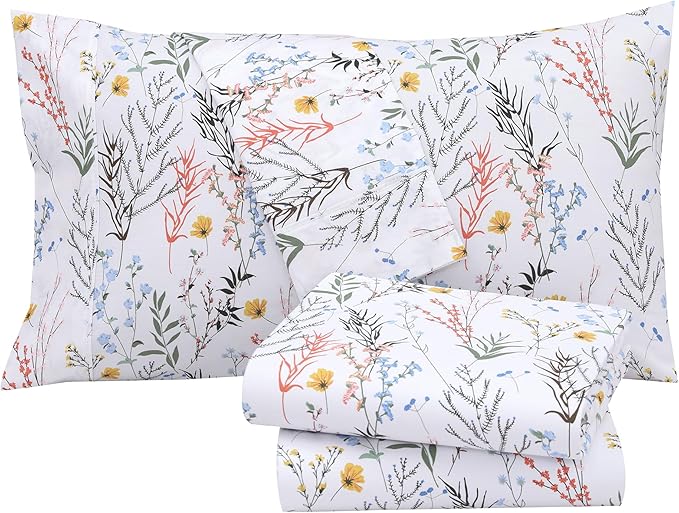 RUVANTI 100% Cotton California King Sheet Sets, 4 Pieces, Soft & Breathable Percale Weave Bedding, Deep Pocket 14", Hotel Standard, Crisp Cool Feel & Durable, Perfect Floral Sheets, Aroma