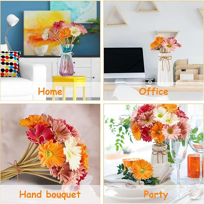 WILLBOND 12 Pieces Artificial Gerbera Daisies Flowers Fake Daisy Faux Boho Daisy Flowers Bouquet 15 in for Boho Birthday Decorations Wedding Home Decor (White,Pink,Yellow,Orange,Rose,Coral)