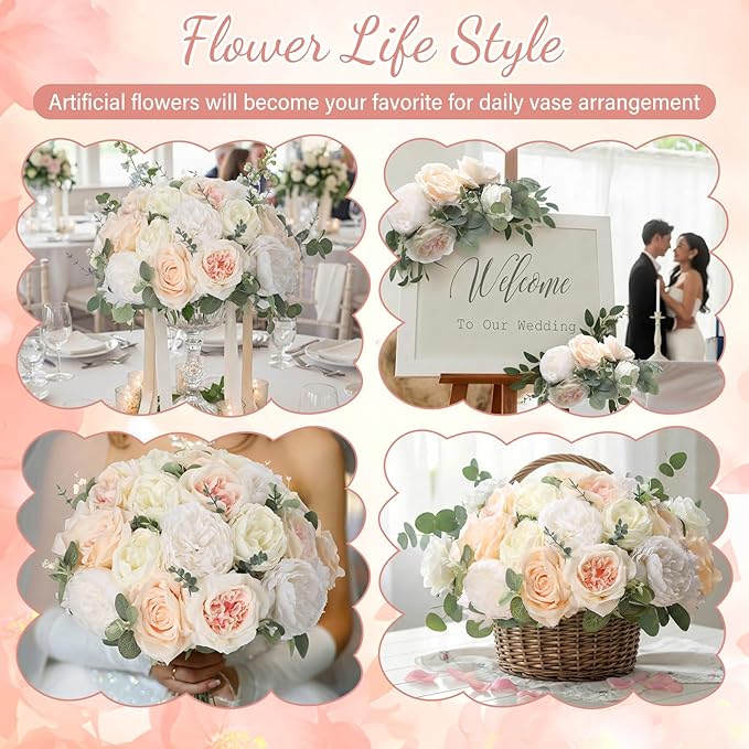 98 Pcs Assorted Faux Flowers Heads with Stem Eucalyptus Leaves Silk Artificial Flowers Bouquet Floral Table Centerpieces for DIY Wedding Party Wreath Home Decoration(Champagne,Stylish Style)