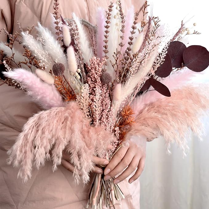 Pampas Grass Decor, Fall Dried Flowers Bouquet - Lavender, Bunny Tails, Eucalyptus & Preserved Flowers for Vases - Rustic Floral Arrangements for Home Wedding Table Centerpiece