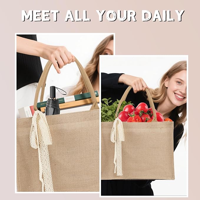 10pcs Burlap Tote Bag Set with Handles, Waterproof Reusable Blank Water Resistant Grocery Bags with Ribbon Large Jute Tote 15.4*6*12 In for Women Bridesmaid Gift Christmas Shopping Wedding Travel DIY