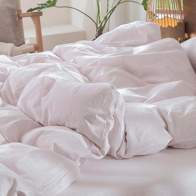 MooMee Striped Duvet Cover Set 100% Washed Cotton Linen Like Textured Breathable Durable Soft Comfy (Heathered Greyish Pink Pinstripes, Palatial King/Oversized King 120"x98")