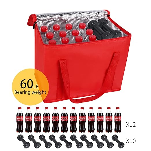 Beach Bag with Cooler Insulated Insulation Grocery Bags,Shopping Red, Reusable, Heavy Duty, Zipped Zipper,Collapsible,Tote,Cooler,Groceries,for car,Recycled Material Warm Foldable Bag…