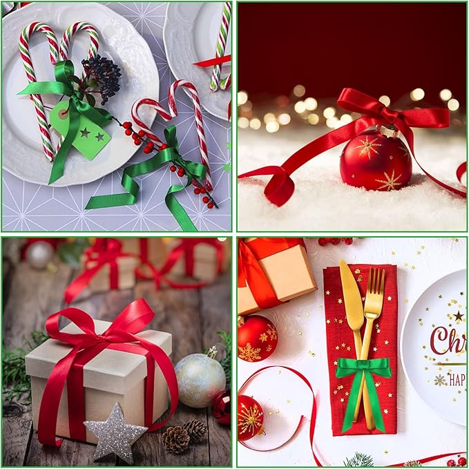 Christmas Ribbons, DECYOOL 4 Rolls 100 Yards Christmas Satin Ribbons 15mm Wide Holiday Craft Ribbons for Gift Wrapping and Xmas Decoration, Red & Green