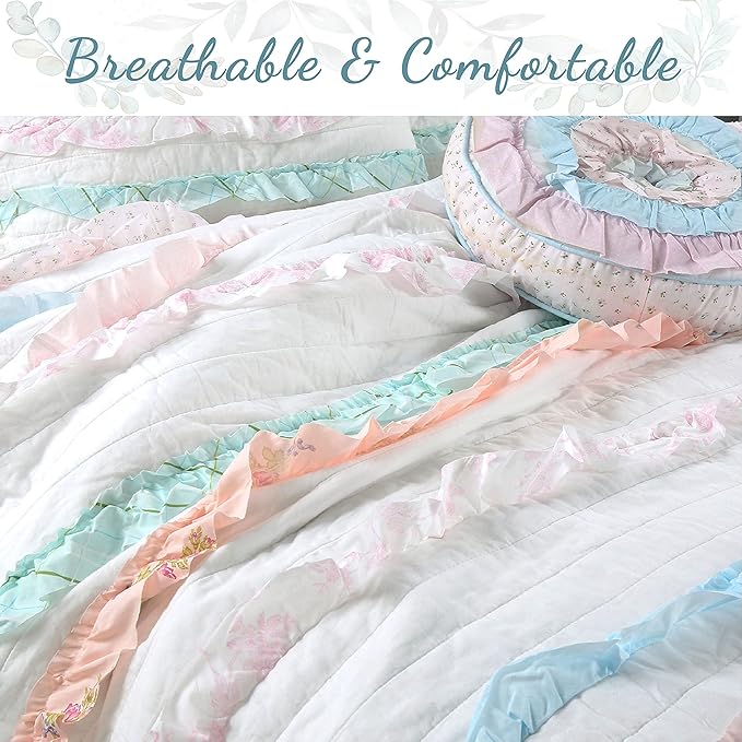 Cozy Line Home Fashions 100% Cotton Chic Ruffle Light Lavender Orchid Blue Flower Print Stripe Bedding Quilt Set, Reversible Coverlet, Bedspread (Chic Ruffle, Twin + Décor Pillows)