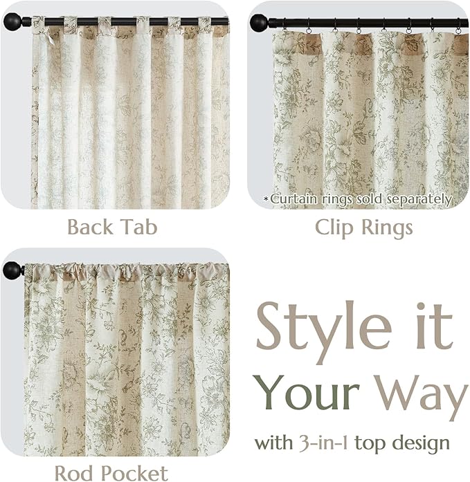 jinchan Linen Floral Curtains 63 Inch Length for Living Room Bedroom Light Filtering Farmhouse Peony Flower Drapes Rustic Window Curtain Set Rod Pocket Back Tab 2 Panels Green