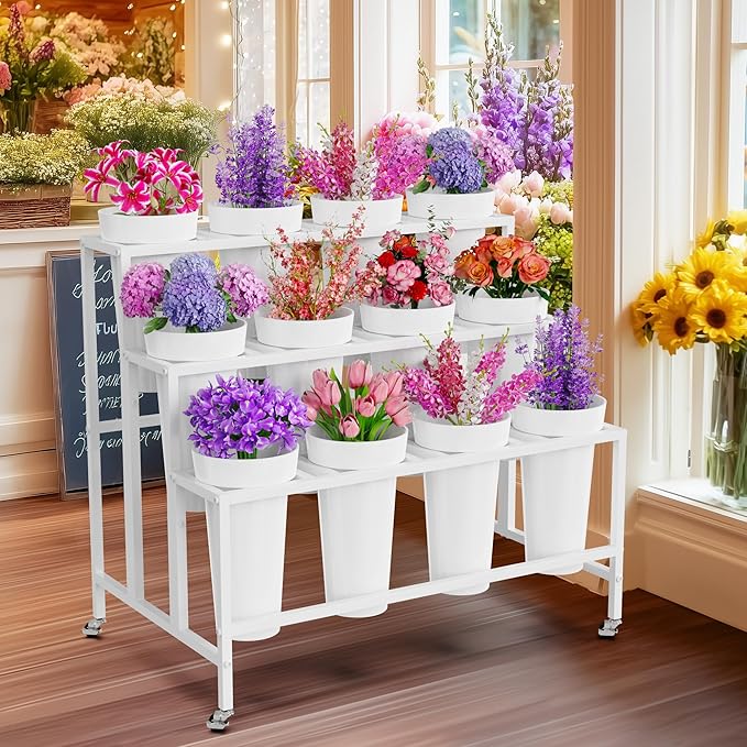 Asee'm Flower Display Stand with 12 Buckets, 3-Tier Flower Stand with Wheels, Heavy Duty Moving Metal Plant Bar Cart Stands Florist Bouquet Shelf for Indoor Outdoor Patio Garden(White - Round Bucket)