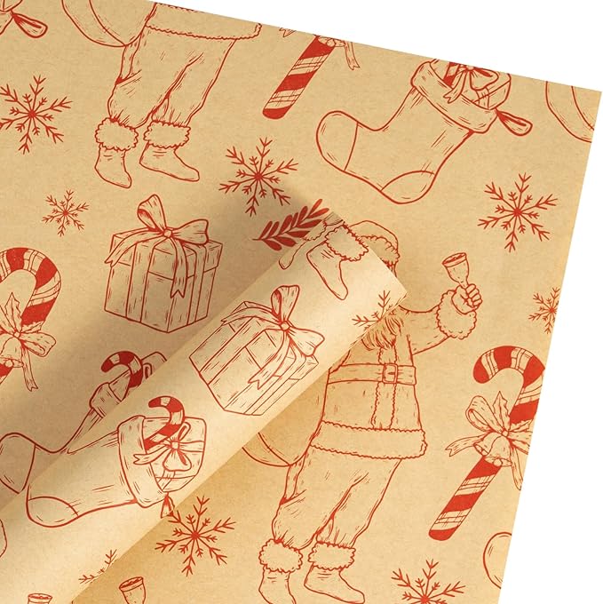 LeZakaa 20 Sheets Kraft Christmas Flower Wrapping Paper, Red Santa Sketch on Kraft Floral Bouquet Paper Gift Wrap for Christmas, Winter Holiday Party Packaging