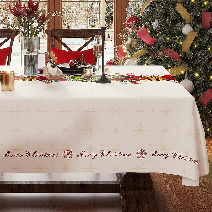 Christmas Rectangle Table Cloth,100% Waterproof Tablecloth,Christmas Decorations for Home, Vinyl Tablecloth Plastic Table Cover for Party,Picnic,Dining,Outdoor 54" x 84",Frosted Wreath