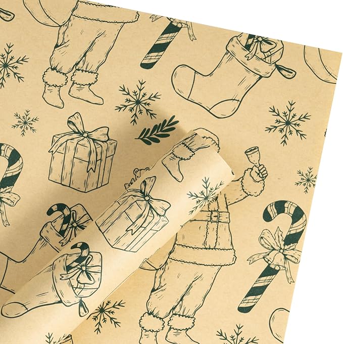 LeZakaa 20 Sheets Kraft Christmas Flower Wrapping Paper, Green Santa Sketch on Kraft Floral Bouquet Paper Gift Wrap for Christmas, Winter Holiday Party Packaging