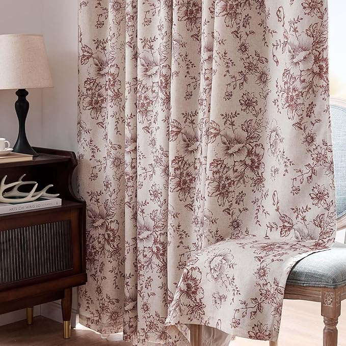 jinchan Blackout Floral Curtains Linen Blend Curtain for Living Room 96 Inch Length Christmas Brick Red Flower Printed Drapes for Bedroom Rod Pocket Back Tab Farmhouse Curtains Set 2 Panels