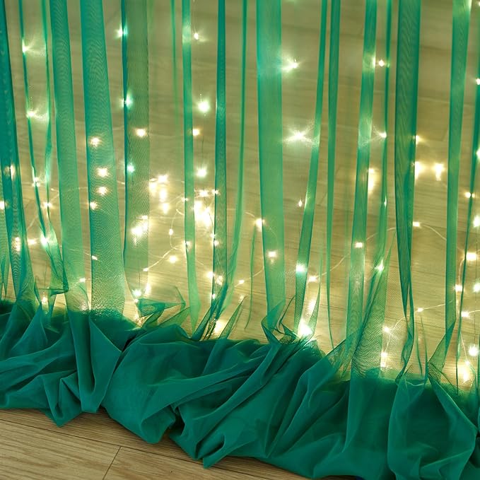 10ft x 8ft Hunter Green Tulle Photo Backdrop Curtain with Lights String for Christmas Party Sheer Curtain Backdrop Drapes for Birthday Party Holiday Wedding Photo Booth Background Room Decorations