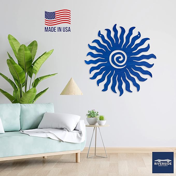 Riverside Designs Sunburst Metal Wall Art Steel Outdoor Decor - Heavy-Duty and Waterproof - Made in USA (36", Blue)
