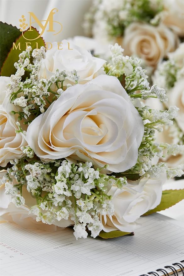 Meldel 6.5 Inch Bridesmaid Bouquet Set of 6, Ivory Wedding Bouquets for Bridesmaids, Small Bridesmaid Bouquets for Wedding, Artificial Wedding Bouquet Flower, Floral Wedding Centerpieces