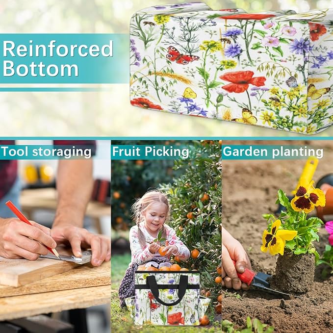 Garden Tool Tote Bag for Women Men Flower Butterfly Bee Gardening Tool Storage Bags with 10 Pockets Standable Garden Home Tool Kits Organizer for Indoor Outdoor Gardening Gifts