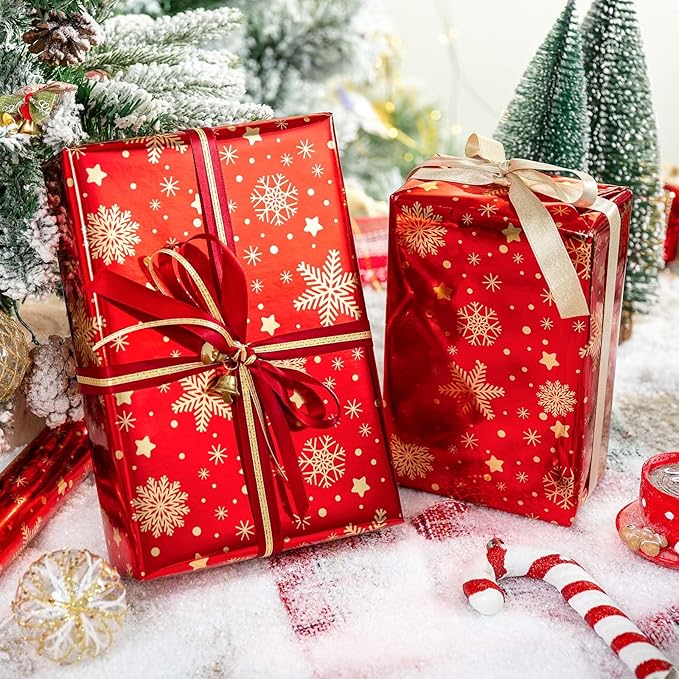 MAYPLUSS Christmas Wrapping Paper Roll - 17 Inch X 33 Feet - Gold Snowflake Star Reversible Candy Cane Gift Wrapping Paper, Thick Wrap Paper for Holiday Party New Year Kids