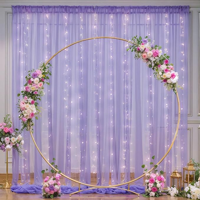 10x8ft Purple Tulle Backdrop Curtain with Lights String for Parites, Sheer Backdrop Curtains for Wedding Baby Shower Birthday Party Photo Shoot Decorations