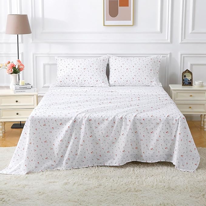 Softan Pink Floral Queen Sheet Set Flower Bed Sheets Queen Size - 4 Piece Microfiber Patterned Fitted Bed Sheets with 15" Deep Pocket, Cozy Cute Pink Flower Sheets and Pillowcase Set