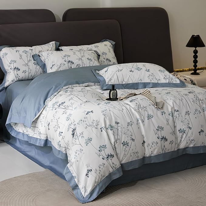 Blue Floral Duvet Cover Full Girl Soft Cotton Flowers Bedding Set with 2 Pillowcases Vintage White Blue Botanical Bedding Duvet Cover Sets for Full Bed,Chic Shabby Bedding,All Season