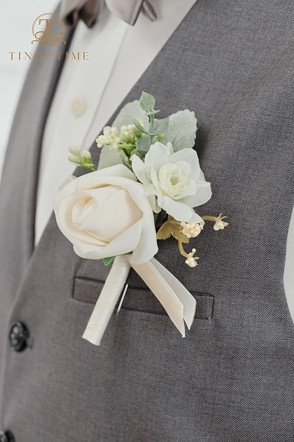 TINGE TIME Boutonniere for Men Wedding,Groom and Best Man Boutonniere for Wedding Ceremony Anniversary, Formal Dinner Party and Rustic Spring Wedding Marriage (2, Champagne)