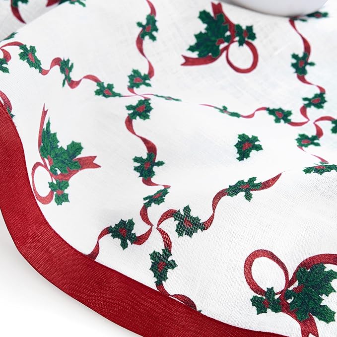 Solino Home 100% Pure Linen Christmas Table Runner 90 Inches Long - Red and Green Table Runner 14 x 90 Inch - Handcrafted and Machine Washable - Holly Ribbon Print