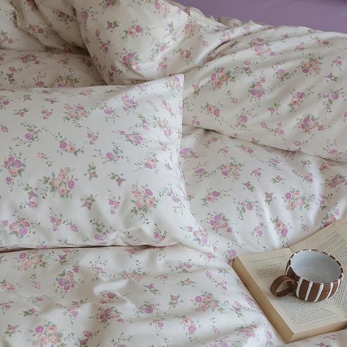 LifeTB Botanical Floral Comforter Set Twin XL Cute Garden Floral Bedding Comforter with 2 Pillowcases Soft Fluffy Pink Purple Flowers Comforter Vintage Style Botanical Comforter Set for Girls Women